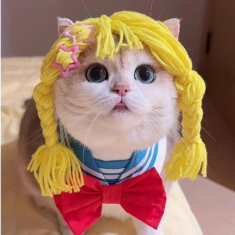 Cat Wigs Soft Braid Cute Headwear Costume Hair Cat Wig Dog Toys For All Breeds Puppy Kitten Home Photoshoot Role-Play Christmas