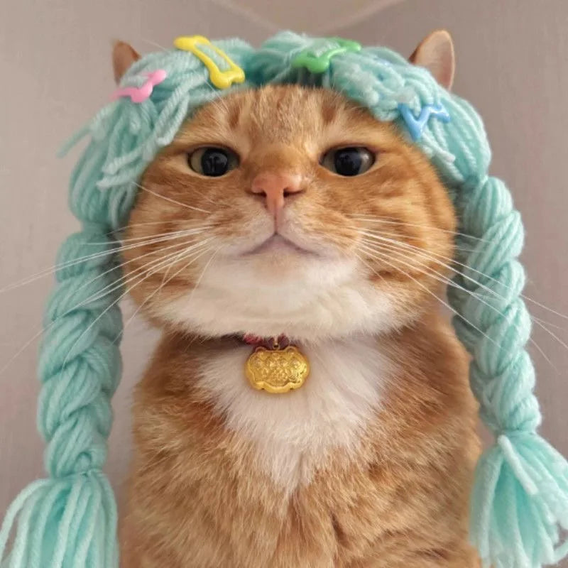 Cat Wigs Soft Braid Cute Headwear Costume Hair Cat Wig Dog Toys For All Breeds Puppy Kitten Home Photoshoot Role-Play Christmas